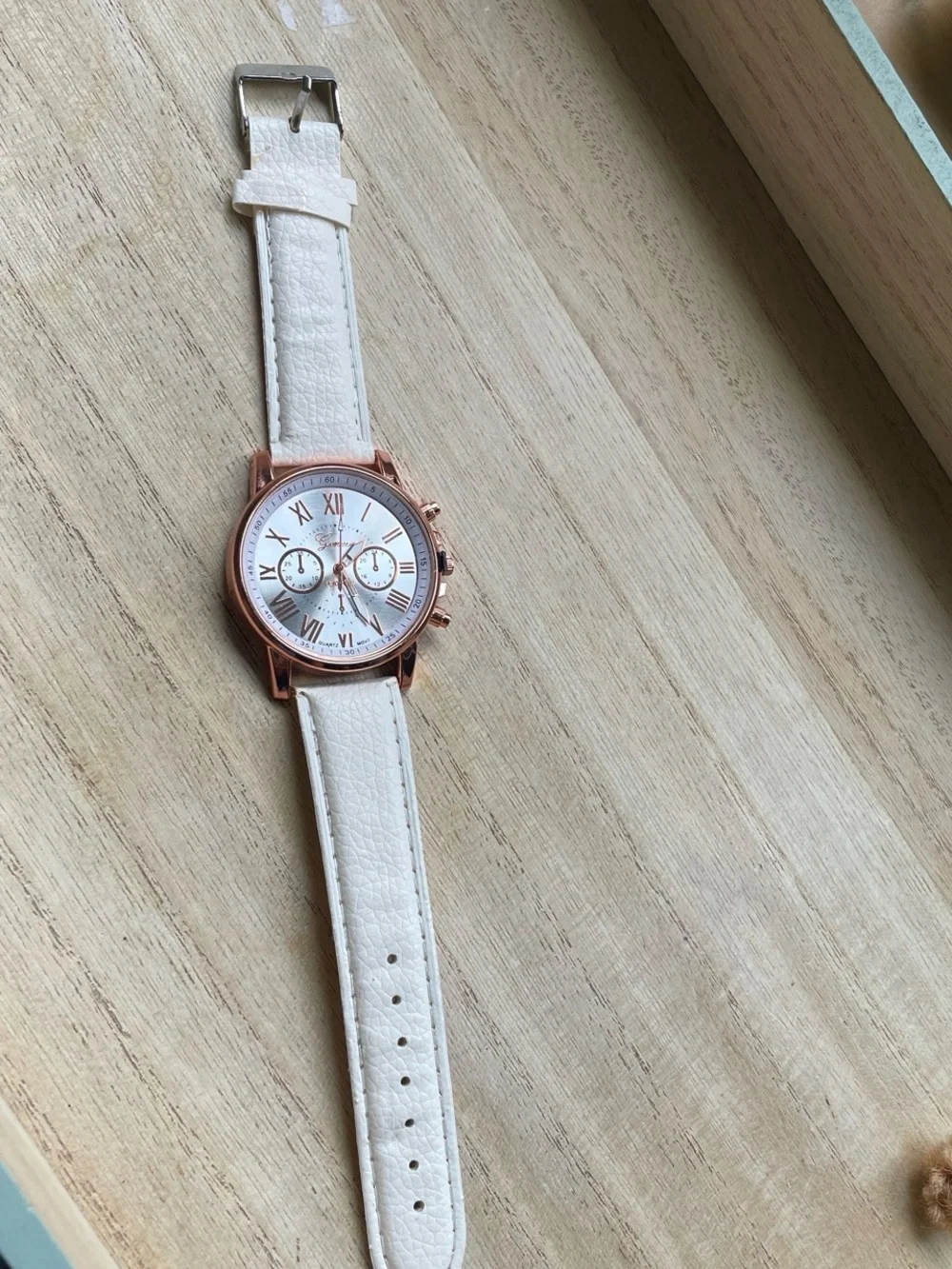 Womens Cream Leather Strap Watch with Rose Gold Case